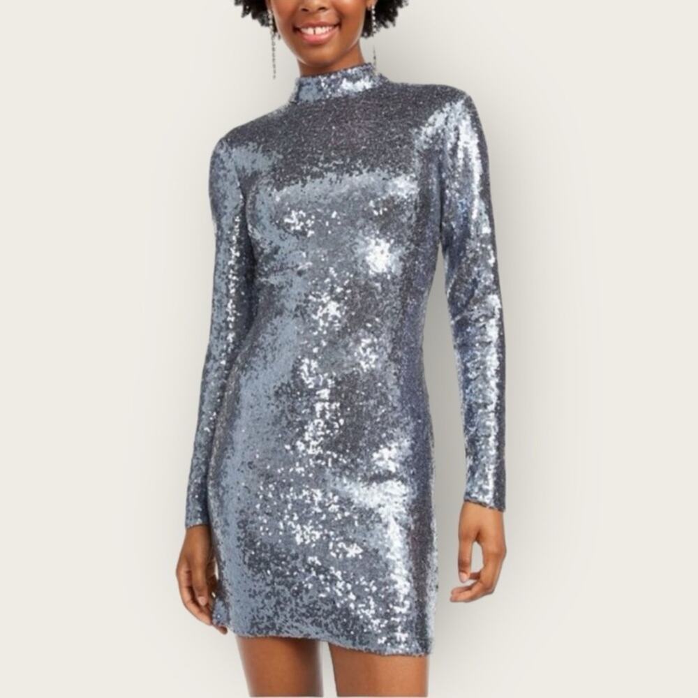 NWT | B. Darlin | Sequin Long Sleeve Mock Mini Dress | Gun Metal | Size 5/6